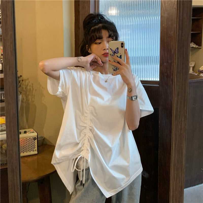 IELGY plus size women's summer drawstring irregular design sense loose short-sleeved t-shirt