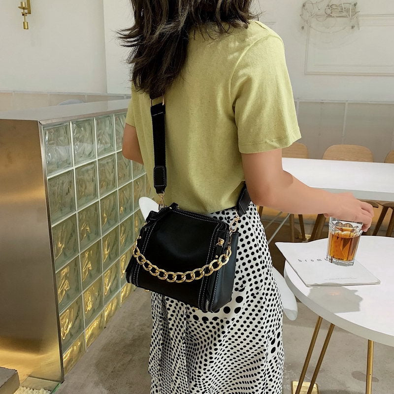 IELGY Contrast Chain Portable Bucket Bag Broadband Shoulder Crossbody Bag