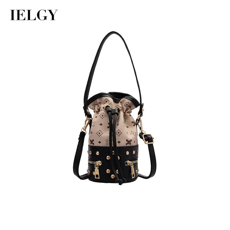 IELGY Women's bag bucket crossbody casual PU retro fashion rivet black all-match