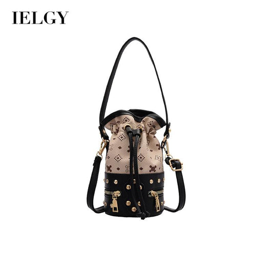 IELGY Women's bag bucket crossbody casual PU retro fashion rivet black all-match
