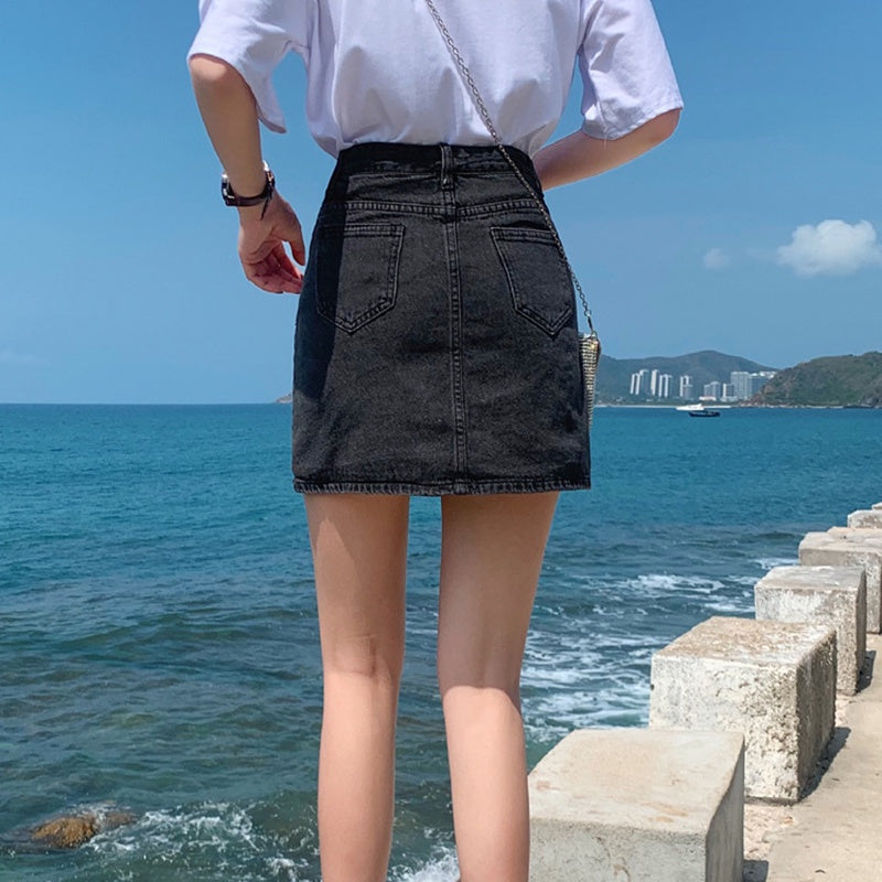 IELGY small denim slim short skirt A-line high waist bag hip slim fashion skirt
