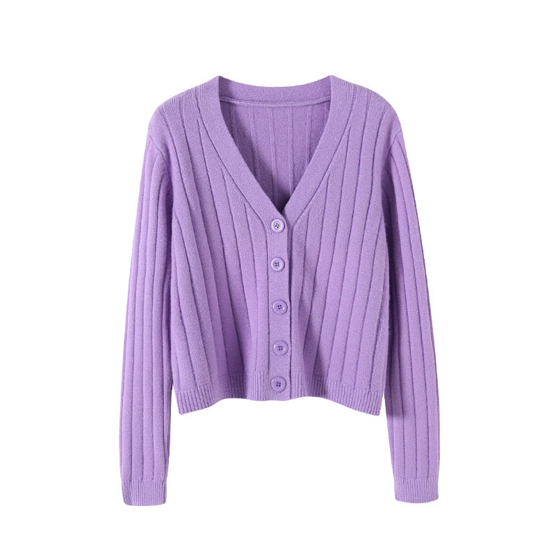 IELGY fashion solid color button outer loose long-sleeved v-neck knitted cardigan women
