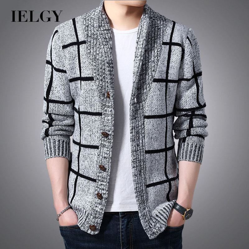 IELGY Men's clothes cardigan knitted plaid simple jacket casual all-match Korean version stylish
