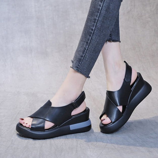 IELGY color matching platform wedge sandals women casual fish mouth soft leather