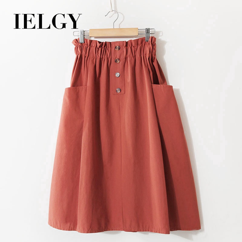 IELGY Solid color high waist literary style A-line skirt