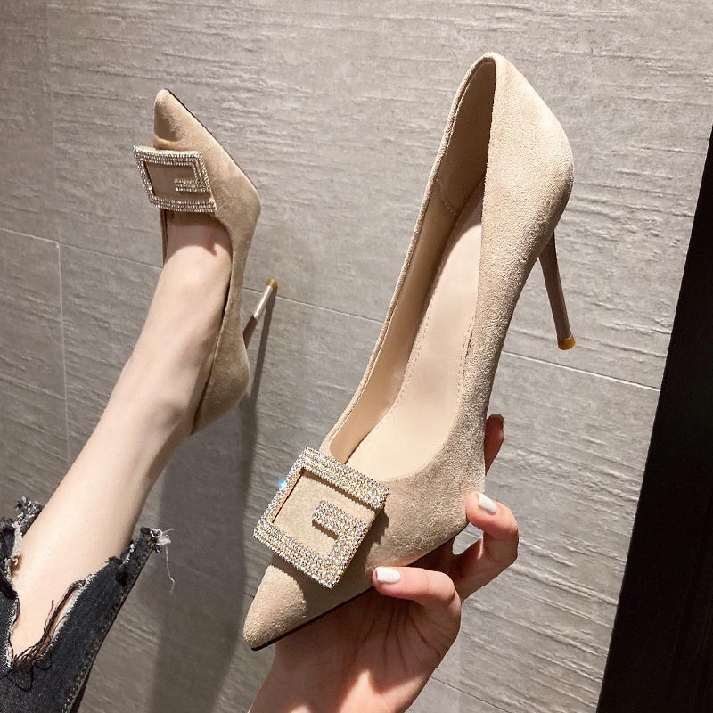 IELGY Fashion High Heels Female Niche Rhinestone Square Buckle Pointed Toe