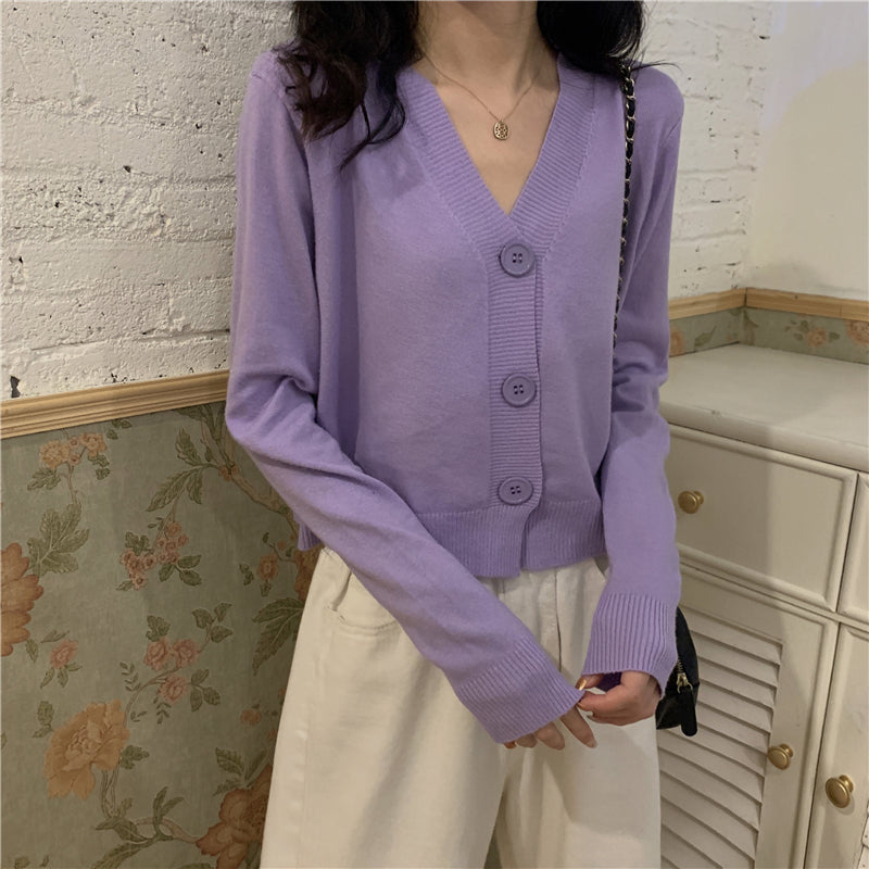 IELGY Women's clothes Jacket Simple Short Thin Knitted sweater Top Black V-neck Long-sleeved