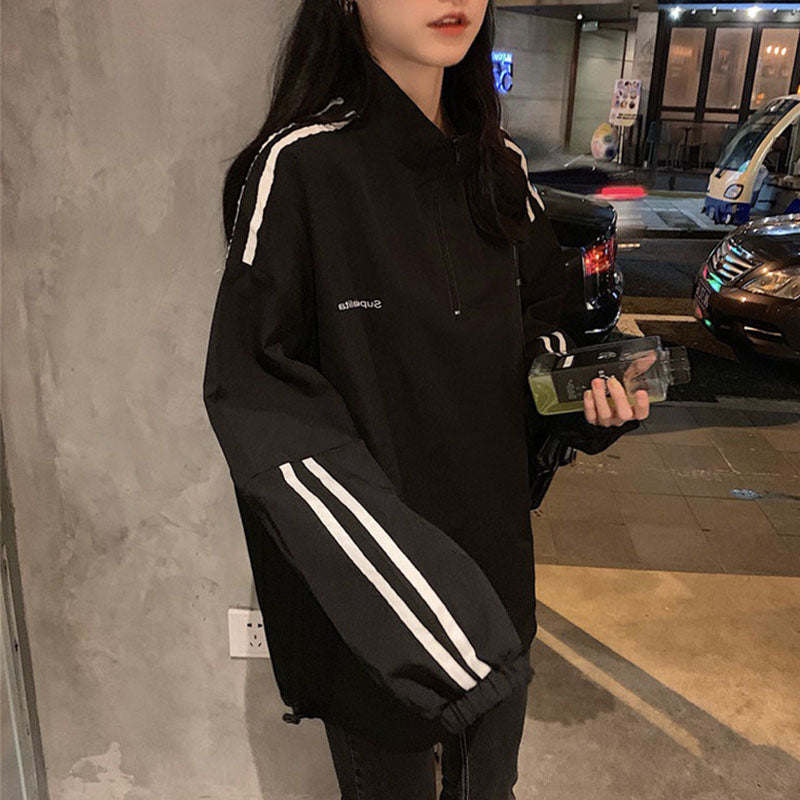 IELGY Women's clothes hoodies thin stripes all-match zippers tops fashion casual Korean