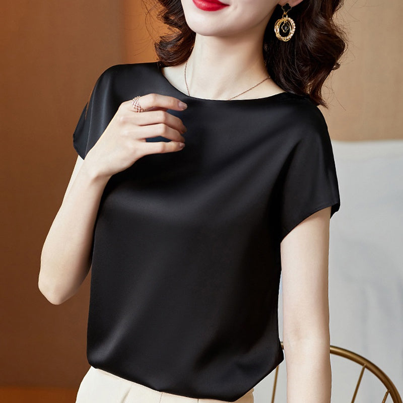 IELGY round neck short-sleeved t-shirt solid color mulberry silk top bottoming shirt