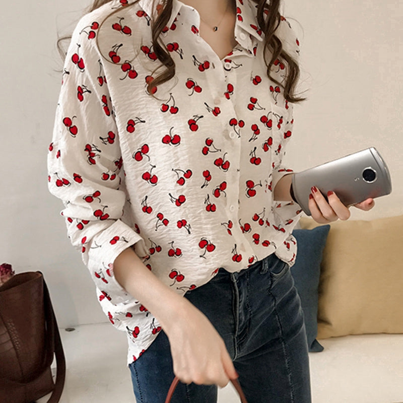 IELGY Long-sleeved shirt women's loose Korean sweet cherry print shirt bottoming shirt