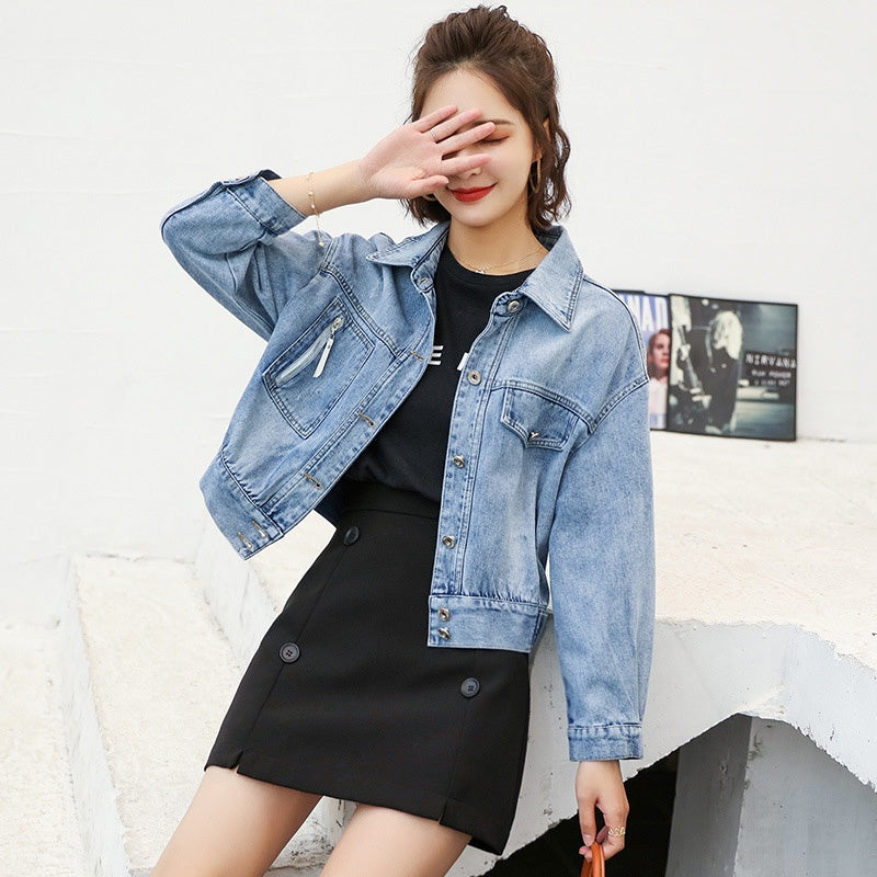 IELGY fashion denim jacket female port style short denim jacket loose bf all-match top