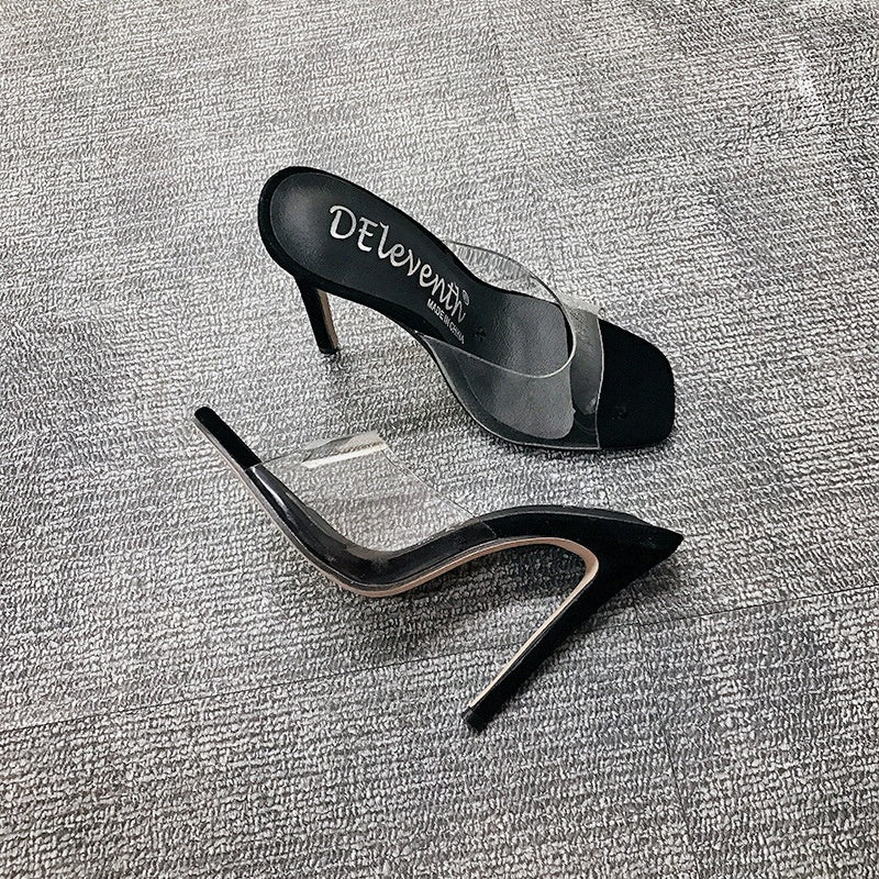 IELGY Fashion European and American square head wood grain transparent high-heel sandals and slippers
