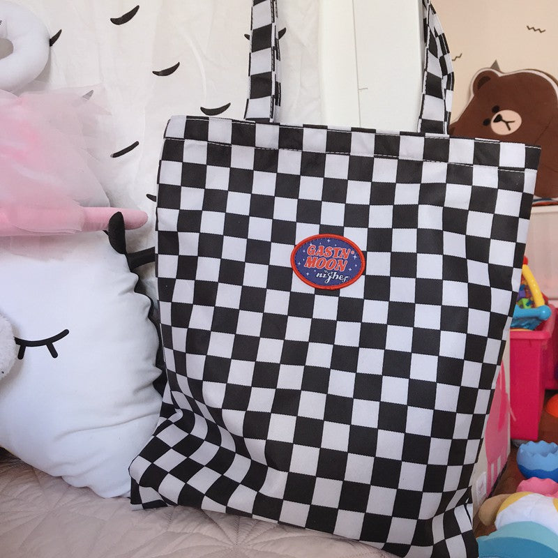 IELGY canvas bag handbag retro ins the same paragraph checkerboard shoulder bag