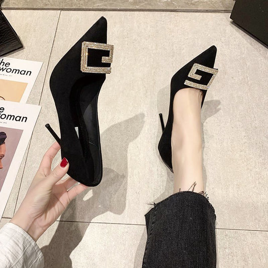 IELGY Fashion High Heels Female Niche Rhinestone Square Buckle Pointed Toe