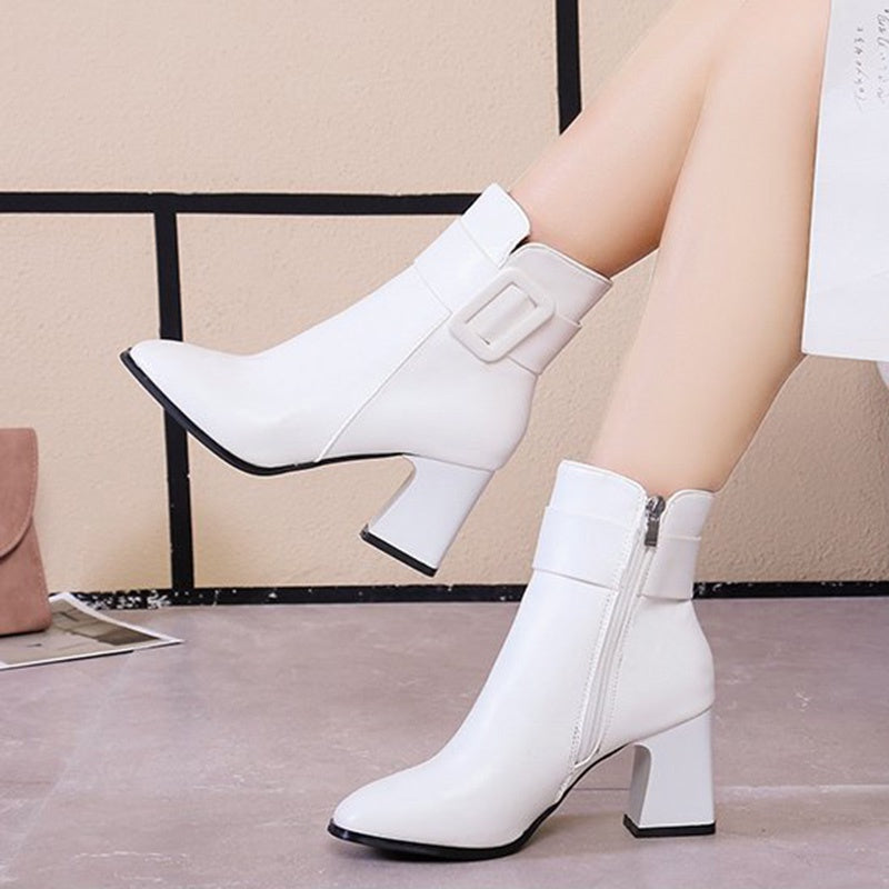 IELGY Fashion Women's Leather Boots PU Square Heel Round Toe Side Zipper Artificial Short Plush Short Tube