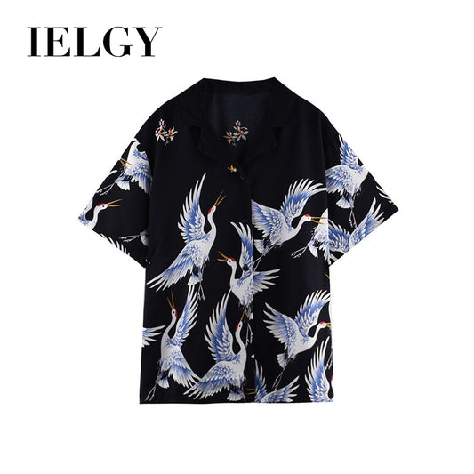 IELGY Retro wild loose printed short-sleeved shirt women summer V-neck temperament tops women 2 colors