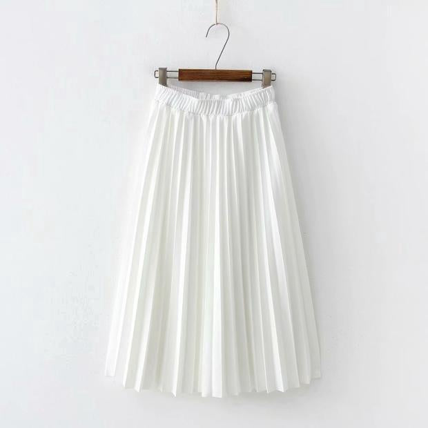 IELGY Temperament pleated skirt mid-length skirt elastic waist solid color wild skirt