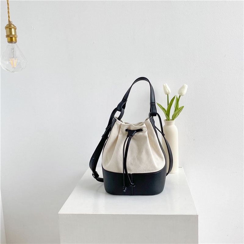 IELGY Korean version Diagonal Portable Fashion Bucket Canvas Women's bag One-shoulder All-match Stitching