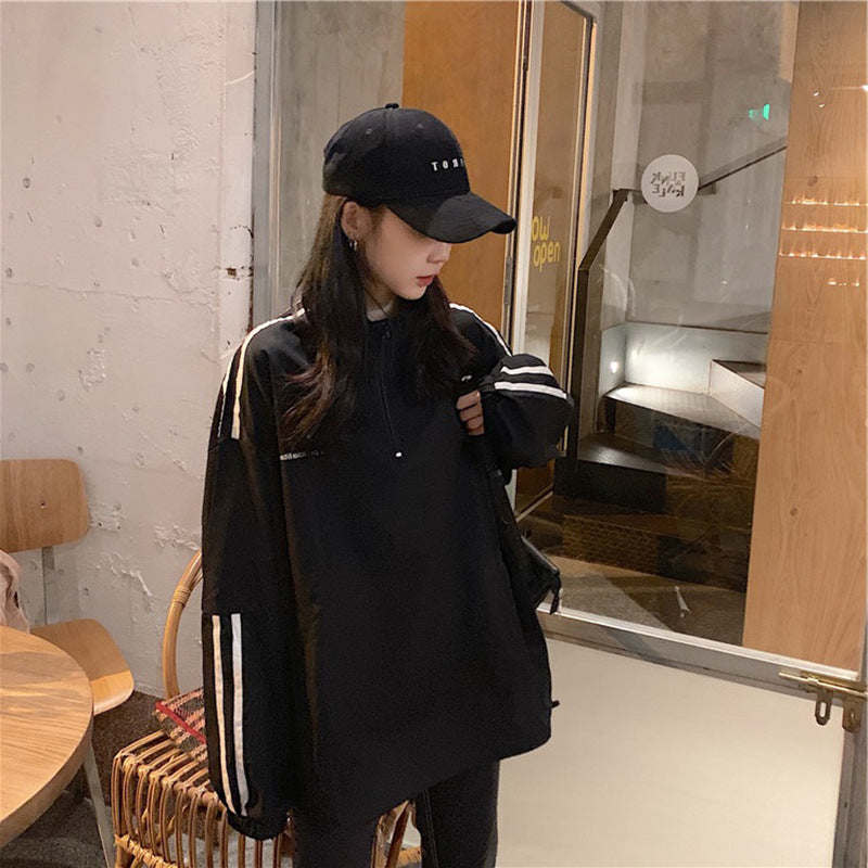 IELGY Women's clothes hoodies thin stripes all-match zippers tops fashion casual Korean