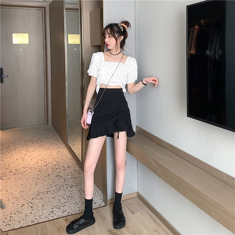 IELGY black short skirt summer high waist retro skirt design niche A-line thin skirt