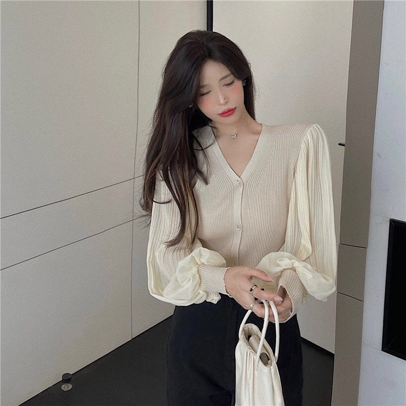 IELGY Fashion Chiffon Long Sleeve Knit Cardigan Korean Version Solid Color V-neck Slim