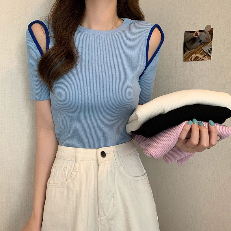 IELGY blue off-shoulder short-sleeved Korean style knitted bottoming fashion blouse women