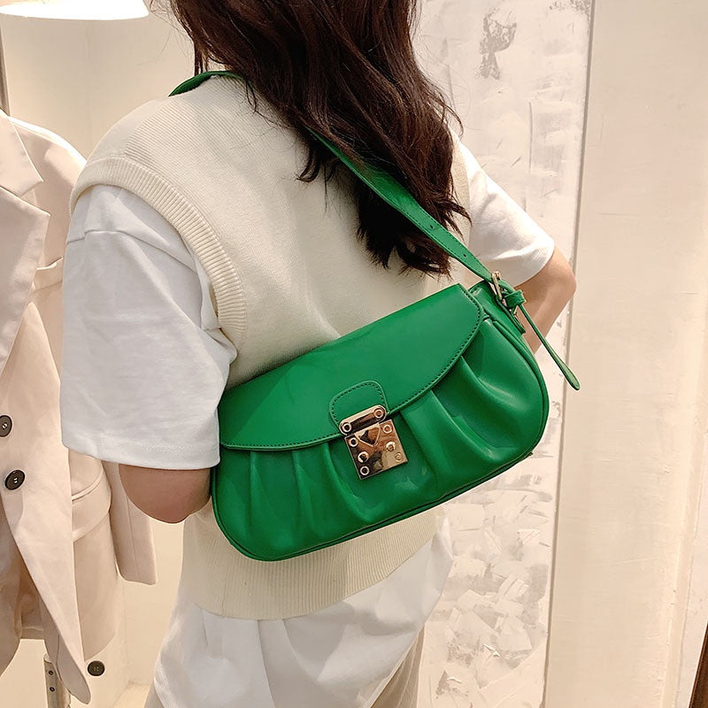 IELGY one shoulder handbag underarm bag green European and American retro Fashion lock buckle large capacity metal decoration adjustable shoulder strap