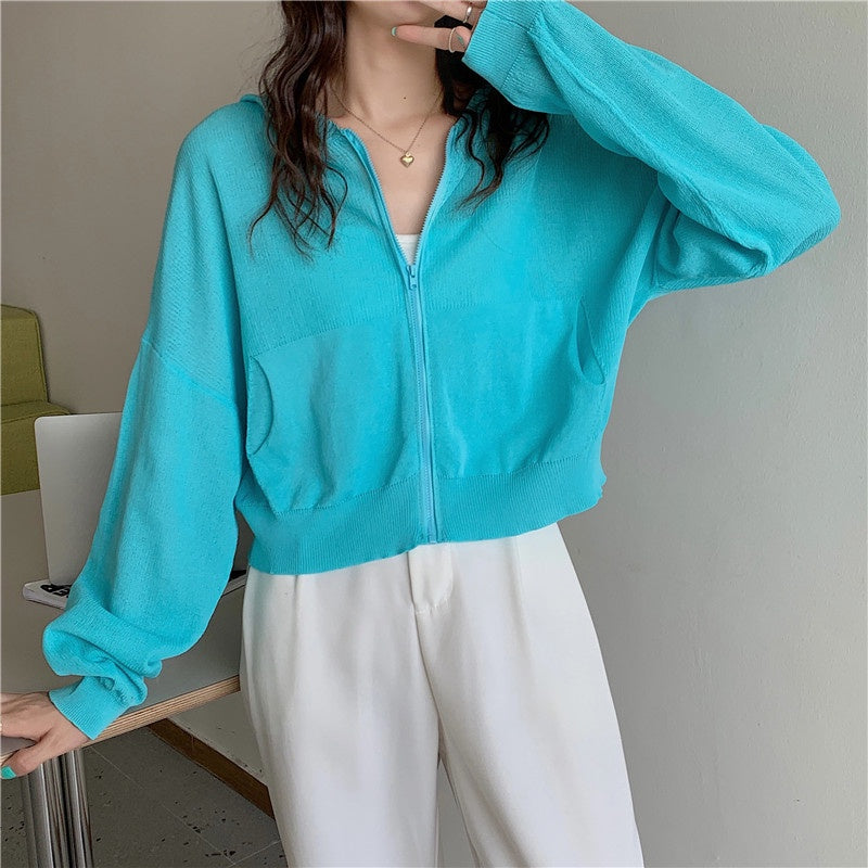IELGY Fashion Hooded Sunscreen Zipper Breathable Thin Top Women Knitted Cardigan Long Sleeve