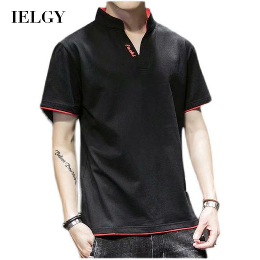 IELGY business yellow V-neck Korean version bilateral loose polo top Short-sleeved T-shirt letters leisure