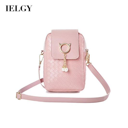 IELGY Cover type Tassel Mobile phone Woven Pearl Korean version Woman's bag Black One shoulder Diagonal