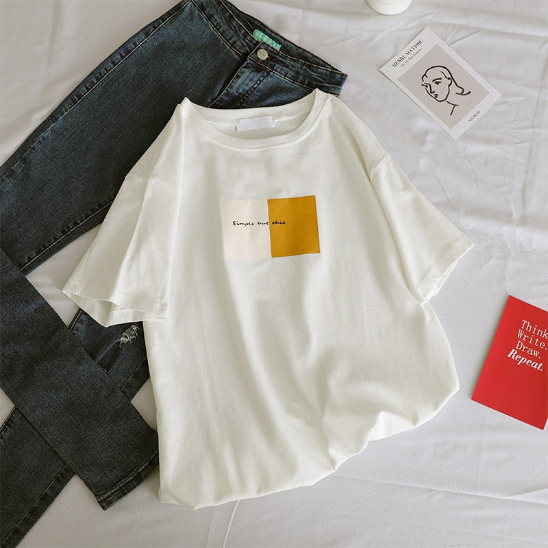 IELGY Short-sleeved t-shirt female summer loose wild ins white t-shirt