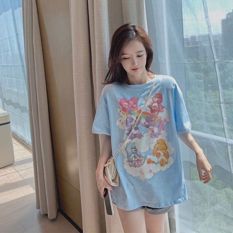 IELGY Women's clothes Blue Top Print Loose Short sleeve Bear T-shirt Casual Medium length