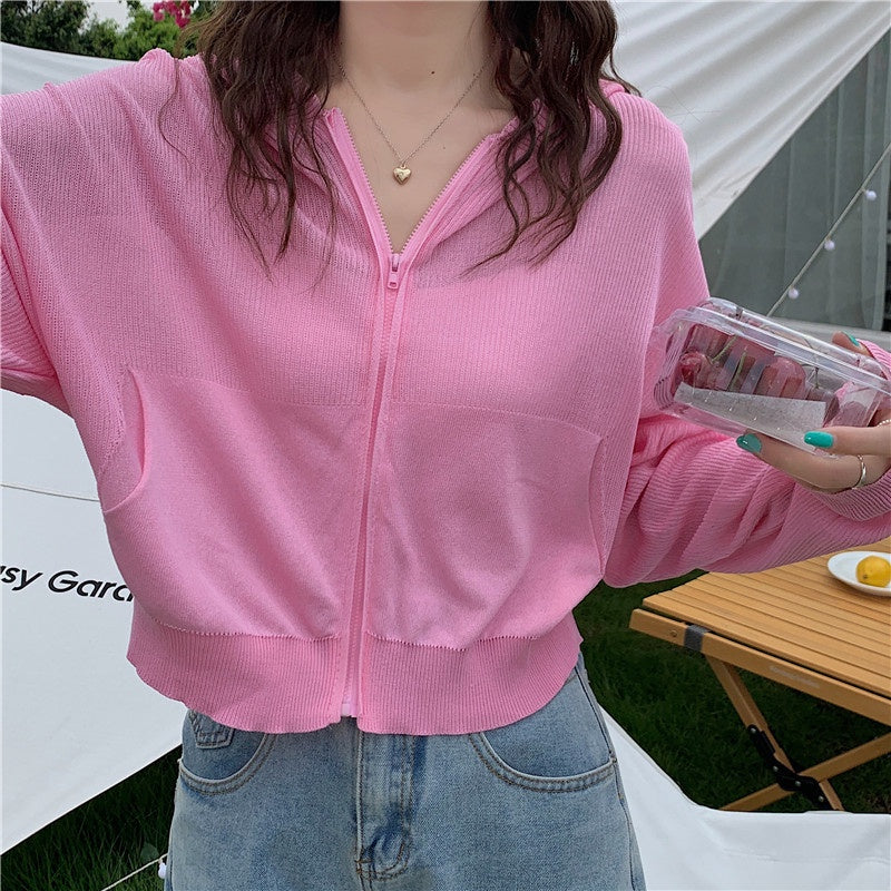 IELGY Fashion Hooded Sunscreen Zipper Breathable Thin Top Women Knitted Cardigan Long Sleeve