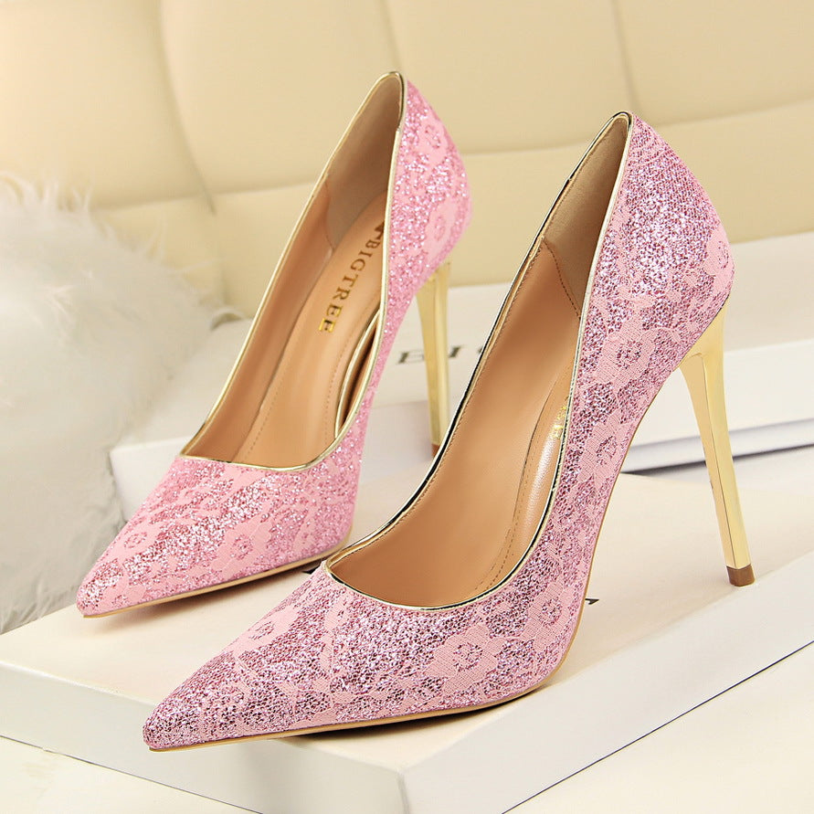 IELGY Party high heel women's shoes sexy 10cm stiletto shallow lace pointed wedding shoes