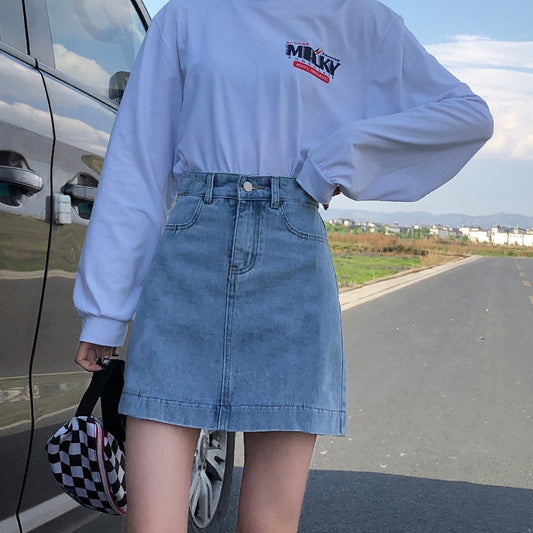 IELGY small denim slim short skirt A-line high waist bag hip slim fashion skirt