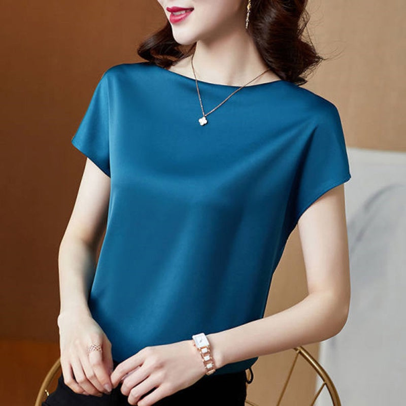 IELGY round neck short-sleeved t-shirt solid color mulberry silk top bottoming shirt