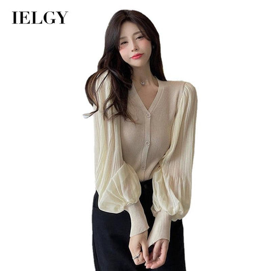 IELGY Fashion Chiffon Long Sleeve Knit Cardigan Korean Version Solid Color V-neck Slim