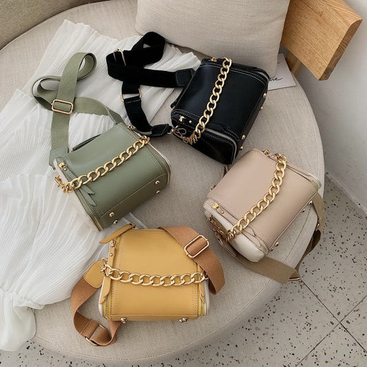 IELGY Contrast Chain Portable Bucket Bag Broadband Shoulder Crossbody Bag