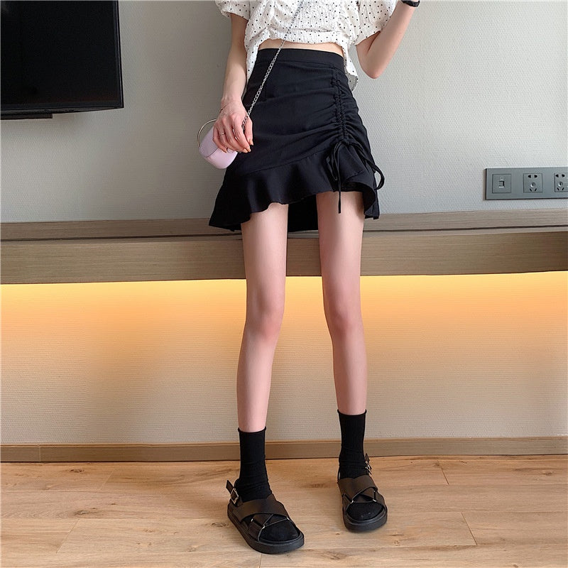 IELGY black short skirt summer high waist retro skirt design niche A-line thin skirt