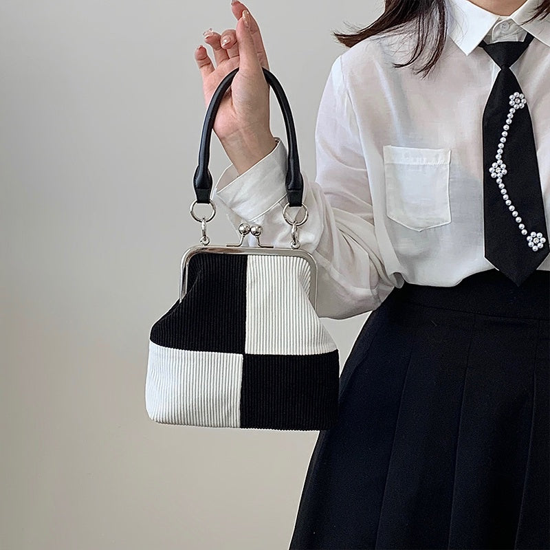 IELGY color matching checkerboard corduroy fashion retro crossbody handbag