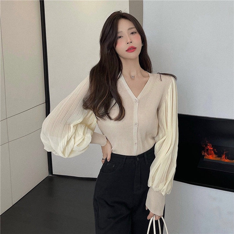 IELGY Fashion Chiffon Long Sleeve Knit Cardigan Korean Version Solid Color V-neck Slim