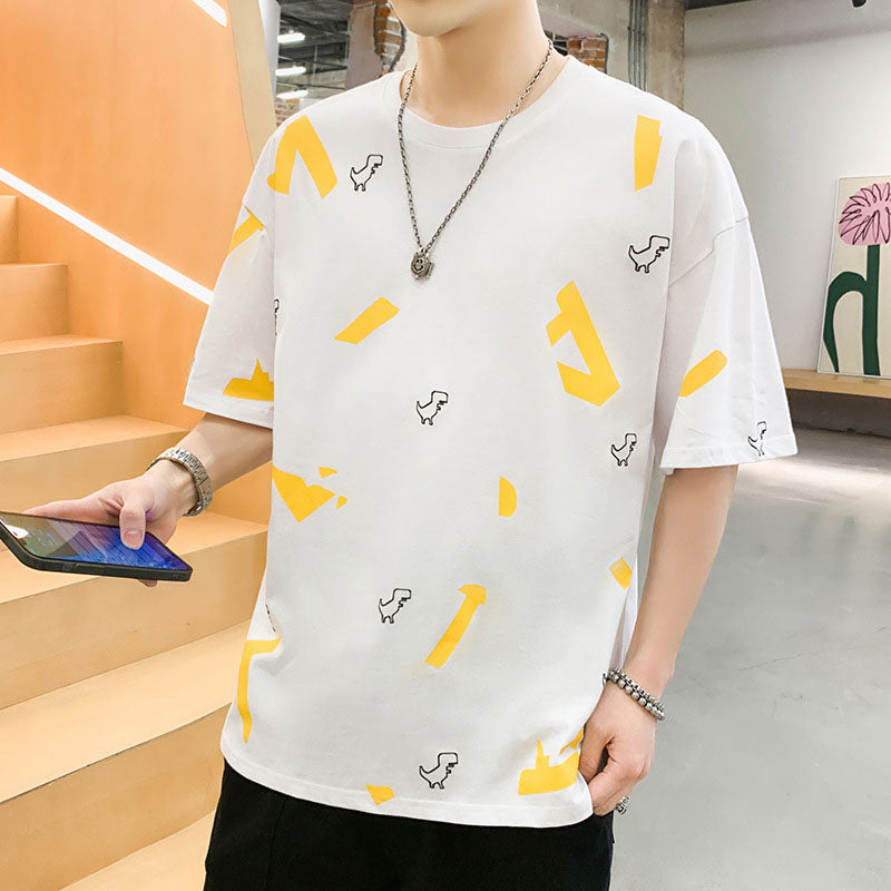 IELGY cotton black round neck half sleeves Short-sleeved T-shirt bottoming shirt comfortable breathable loose cartoon print man not easy to start