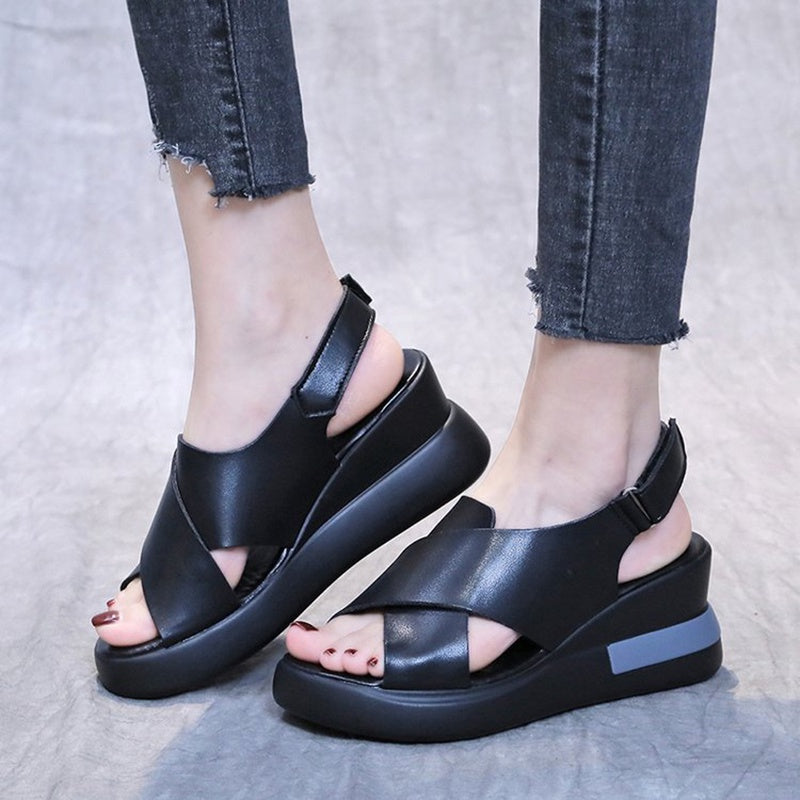 IELGY color matching platform wedge sandals women casual fish mouth soft leather