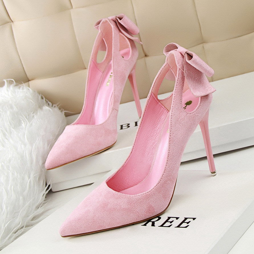 IELGY Suede High Heels Sweet 10.5cm Slim Heel Shallow Mouth Pierced Fashion Bow Women's Shoes