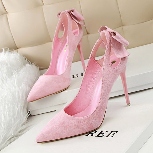 IELGY Suede High Heels Sweet 10.5cm Slim Heel Shallow Mouth Pierced Fashion Bow Women's Shoes