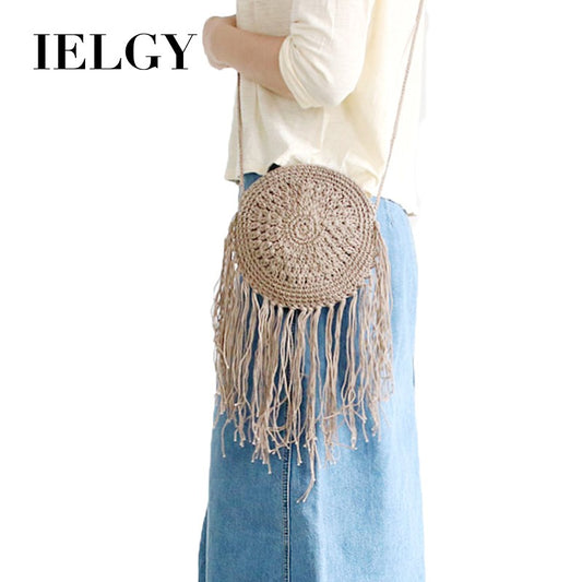 IELGY Handmade round tassel woven bag beach handbags