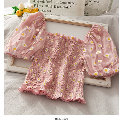 IELGY Little said chrysanthemum short sleeve women's puff sleeve shirt