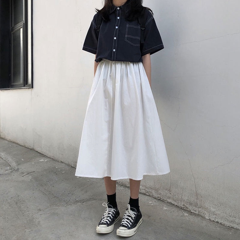 IELGY solid color loose skirt Korean style high waist A-line