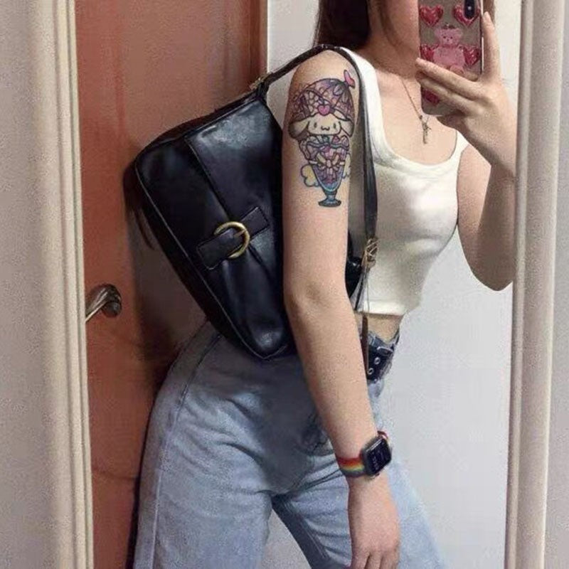 IELGY Large capacity Portable Black One shoulder Diagonal Magnetic buckle Flap Woman's bag Underarm Retro