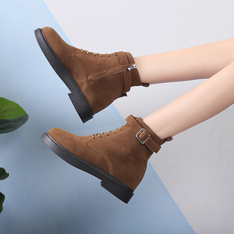 IELGY Fashion Belt Buckle Women's Boots Lace-up Flat Women Suede Korean Style
